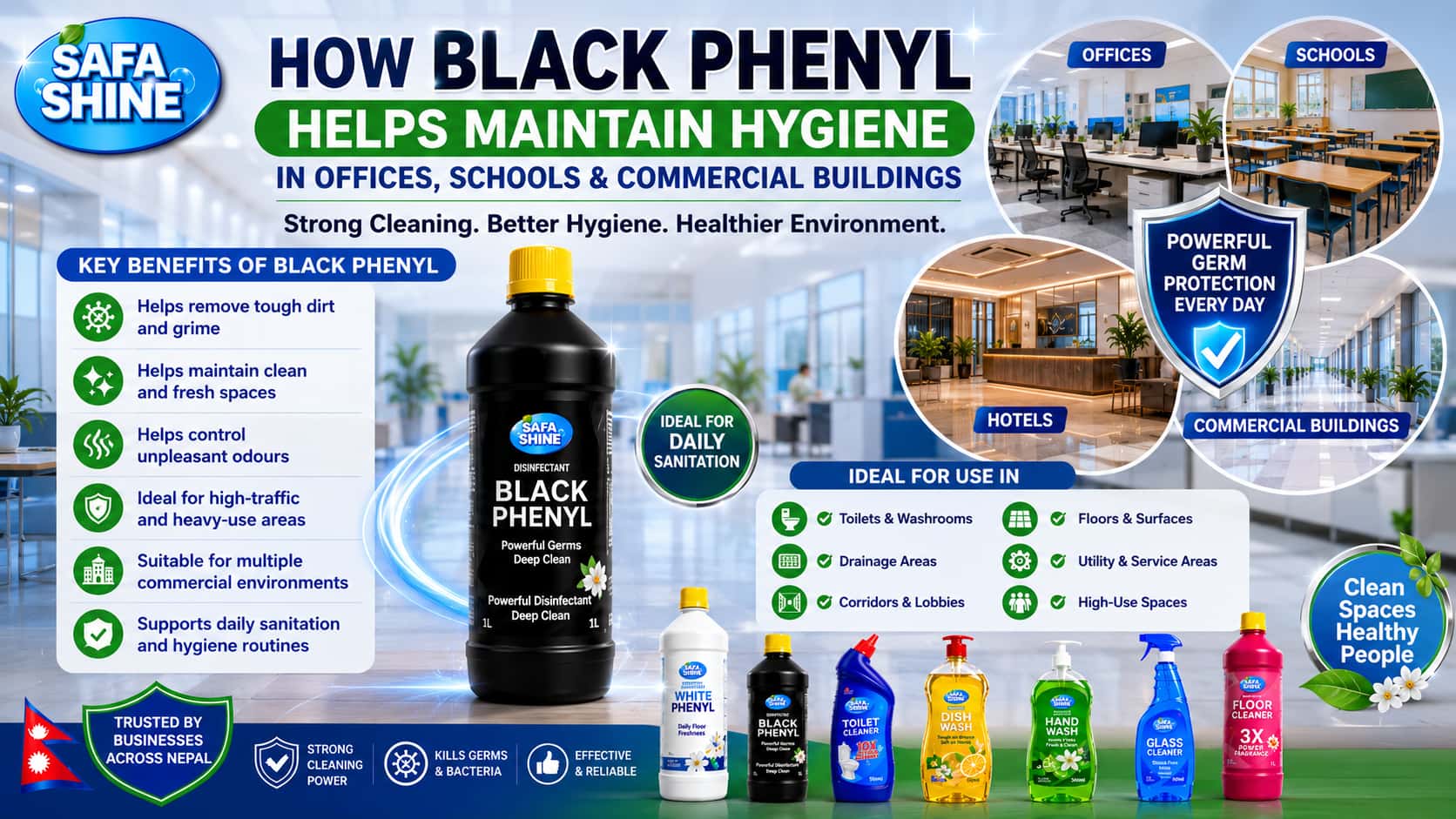 How Black Phenyl Helps Maintain Hygiene in Offices, Schools & Commercial Buildings