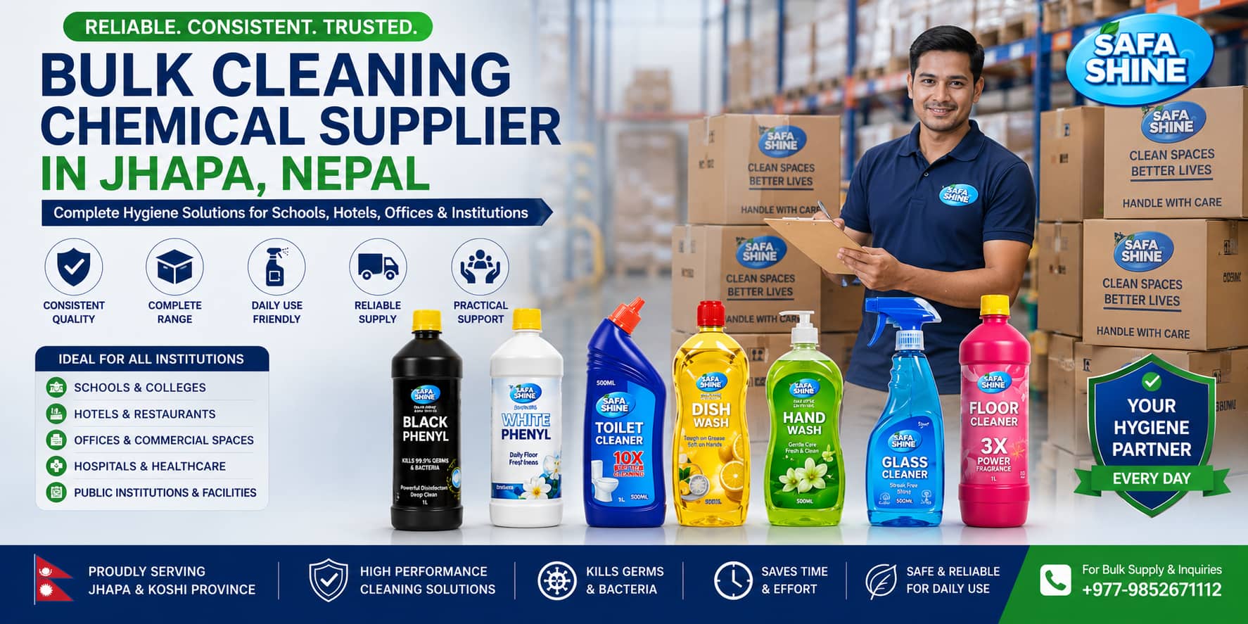 Bulk Cleaning Chemical Supplier in Birtamode, Jhapa | Wholesale Hygiene Products by Safa Shine